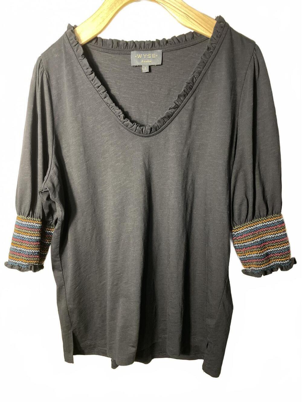 WYSE London Top Womens Size 2 Black Boho Casual Ruffle Embroidered Everyday